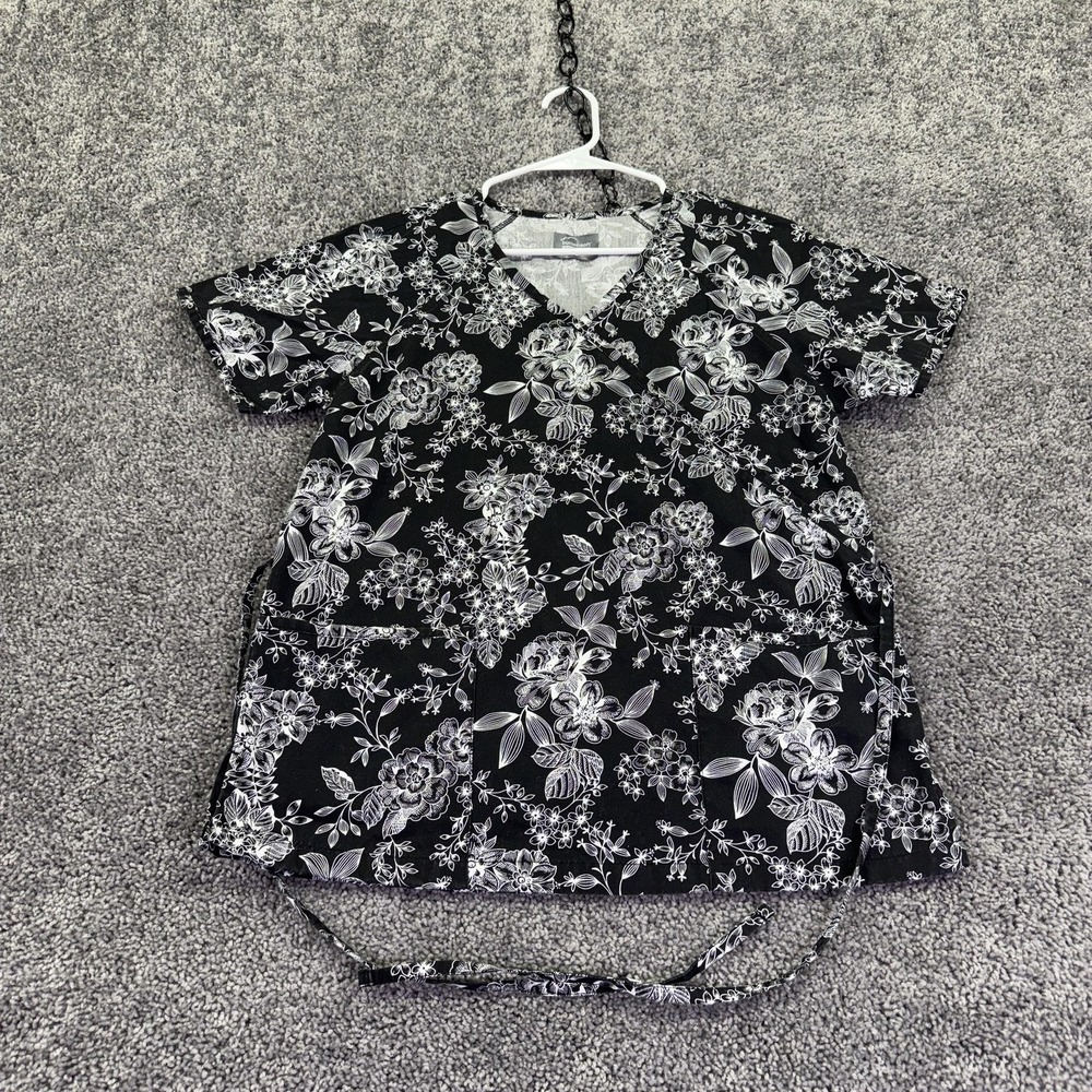 Butter-Soft Originals Scrub Top Womens Small Black Floral V-Neck Medical Uniform